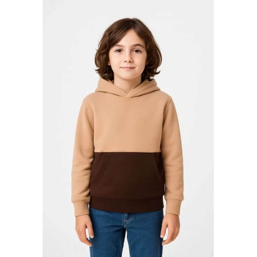 Erkek Çocuk Kapüşonlu Kanguru Cepli Parçalı SweatShirt - Renkli