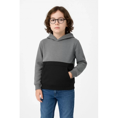 Erkek Çocuk Kapüşonlu Kanguru Cepli Parçalı SweatShirt - Renkli