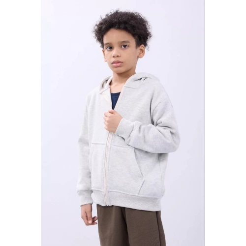 Erkek Çocuk Kapüşonlu Kanguru Çepli Tam Fermuarlı Hırka SweatShirt - Gri