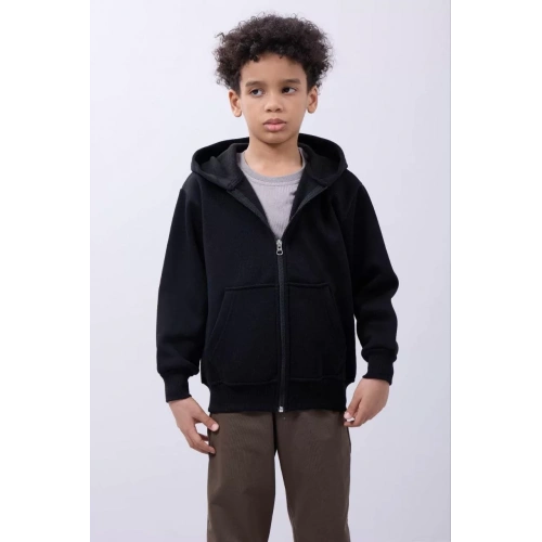 Erkek Çocuk Kapüşonlu Kanguru Çepli Tam Fermuarlı Hırka SweatShirt - Siyah
