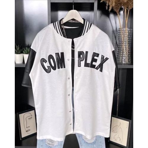 Erkek Complex Kolları Deri Kolej Oversize T-Shirt - Beyaz
