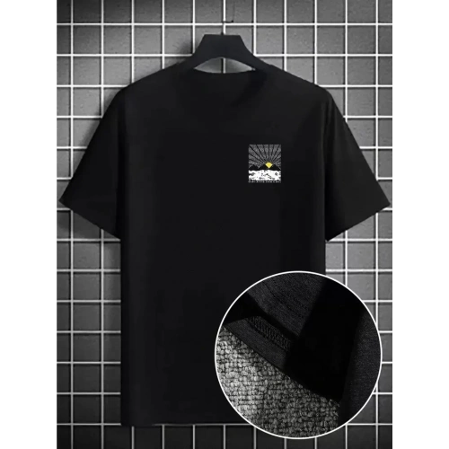 Erkek Dağ Grafikli Tişört, Yaz için Büyük Beden Rahat T-shirt - Siyah
