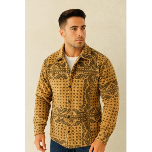 Erkek Desenli Düğmeli Polar Gömlek – Hardal Paisley Desen Yakalı, Uzun Kollu, Oversize Rahat Kalıp - Sarı