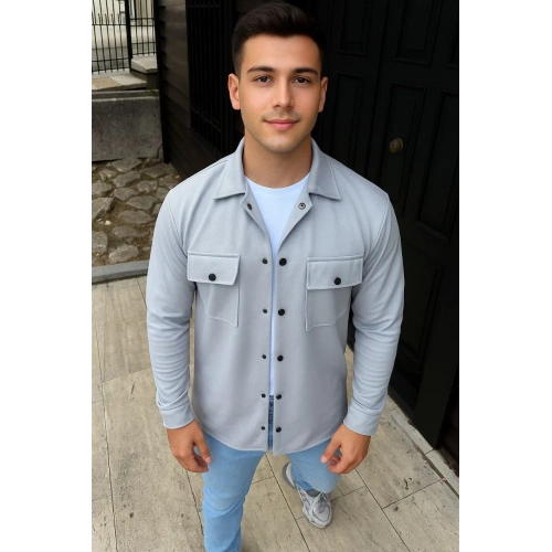 Erkek Diagonal Kumaş Cepli Çıtçıtlı uzun Kollu, Gömlek Oversize Rahat Kalıp Günlük Şık Stil - Gri