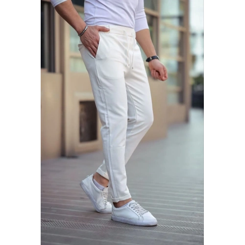 Erkek Diagonel Mikro dokulu Cepli Beli Lastilki Pantolon - Beyaz