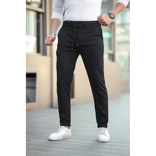 Erkek Diagonel Mikro dokulu Cepli Beli Lastilki Pantolon - Siyah