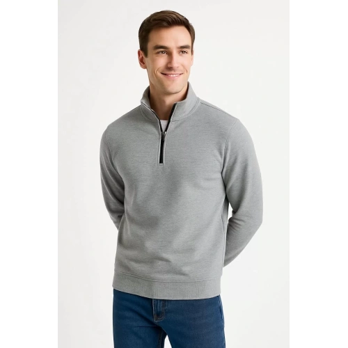 Erkek Dik Yaka Sweatshirt Dik Yaka Yarım Fermuarlı 3 İplik Şardonlu Pamuk Kumaş - Gri
