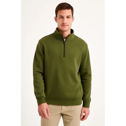 Erkek Dik Yaka Sweatshirt Dik Yaka Yarım Fermuarlı 3 İplik Şardonlu Pamuk Kumaş - Haki