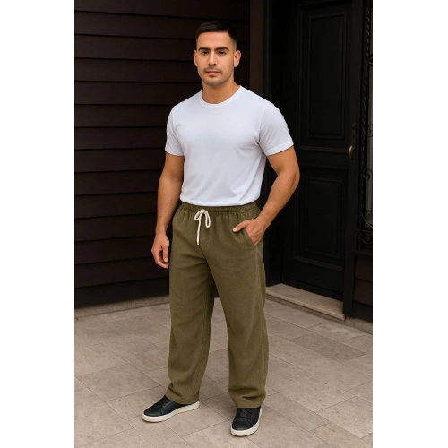 Erkek Fitilli Kadife Cepli Buggy Pantolon Oversize Rahat Kalıp - Haki