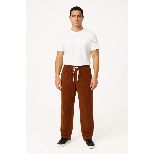 Erkek Fitilli Kadife Cepli Buggy Pantolon Oversize Rahat Kalıp - Kahverengi