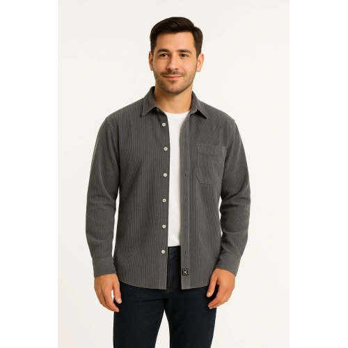 Erkek Fitilli Kadife Cepli Gömlek Oversize Rahat Kalıp - Füme