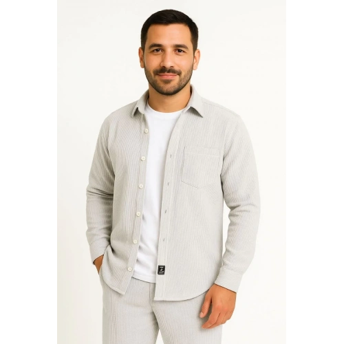 Erkek Fitilli Kadife Cepli Gömlek Oversize Rahat Kalıp - Gri