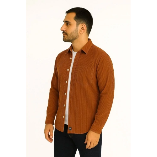 Erkek Fitilli Kadife Cepli Gömlek Oversize Rahat Kalıp - Kahverengi
