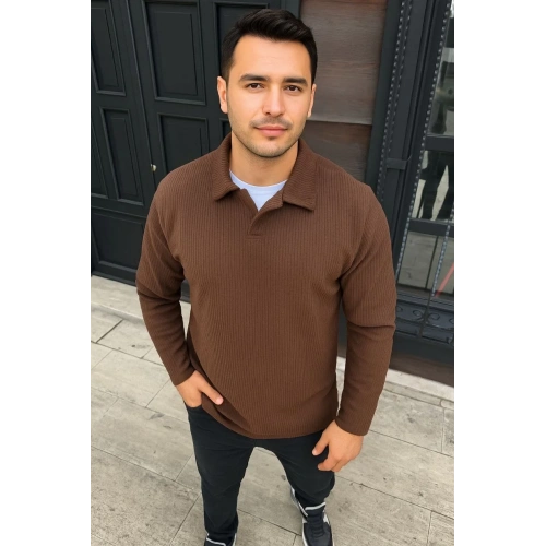 Erkek Fitilli Polar Sweatshirt – Düğmesiz Polo Yaka, Oversize Rahat Kalıp, Kalın Polar Kumaş, Kışlık ve Baharlık Şık Günlük Üst - Kahverengi