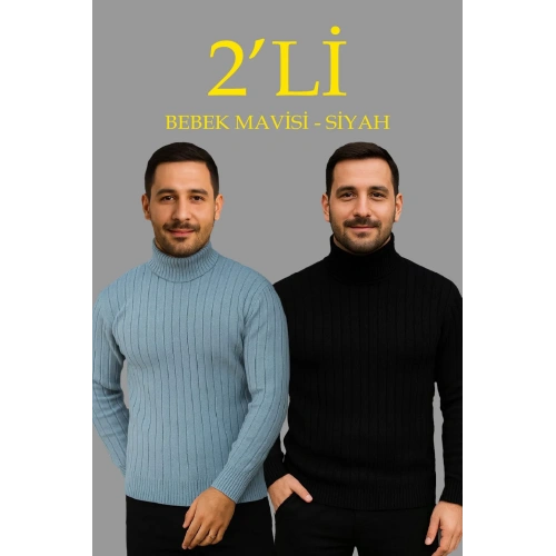 Erkek Fitilli Triko Kazak 2li Set Bebek Mavisi Siyah Regular Balıkcı Yaka Tam Boğazlı Triko Seti Modeli Kazak