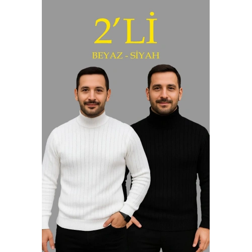 Erkek Fitilli Triko Kazak 2li Set Beyaz Siyah Regular Balıkcı Yaka Tam Boğazlı Triko Seti Modeli Kazak