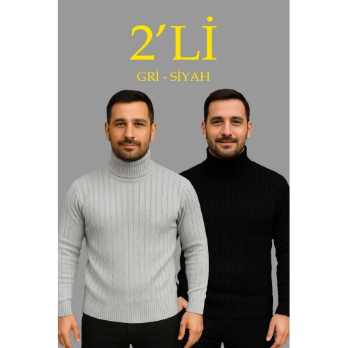 Erkek Fitilli Triko Kazak 2li Set Gri Siyah Regular Balıkcı Yaka Tam Boğazlı Triko Seti Modeli Kazak