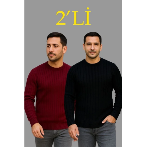 Erkek Fitilli Triko Kazak 2’li Set – Siyah & Bordo, Kalın Dokuma Pamuklu Regular Fit Bisiklet Yaka Uzun Kollu Rahat Kışlık Kazak Kombini
