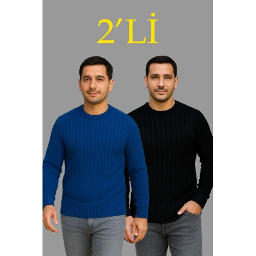 Erkek Fitilli Triko Kazak 2’li Set – Siyah & Saks Mavisi, Kalın Dokuma Pamuklu Regular Fit Bisiklet Yaka Uzun Kollu Rahat Kışlık Kazak Kombini