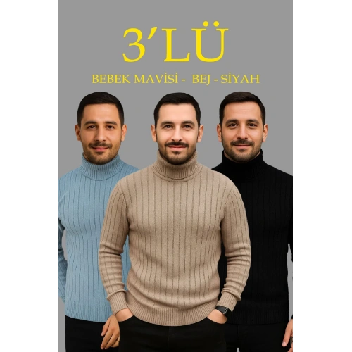 Erkek Fitilli Triko Kazak 3lÜ Set Bebek Mavisi Bej Siyah Regular Balıkcı Yaka Tam Boğazlı Triko Seti Modeli Kazak