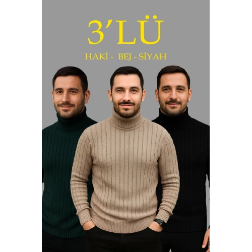Erkek Fitilli Triko Kazak 3lÜ Set Bej Haki Siyah Regular Balıkcı Yaka Tam Boğazlı Triko Seti Modeli Kazak