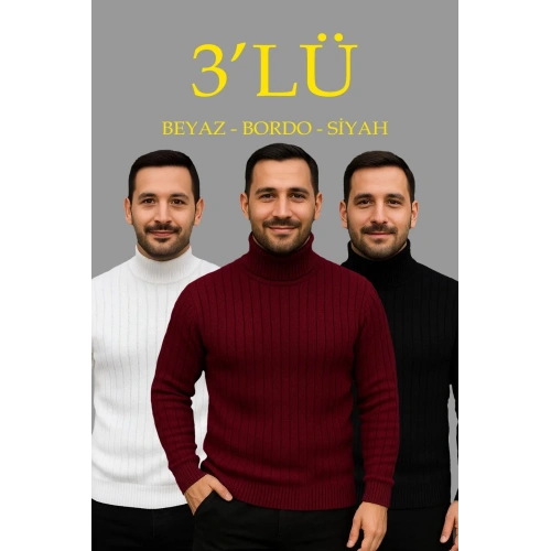 Erkek Fitilli Triko Kazak 3lÜ Set Beyaz Bordo Siyah Regular Balıkcı Yaka Tam Boğazlı Triko Seti Modeli Kazak