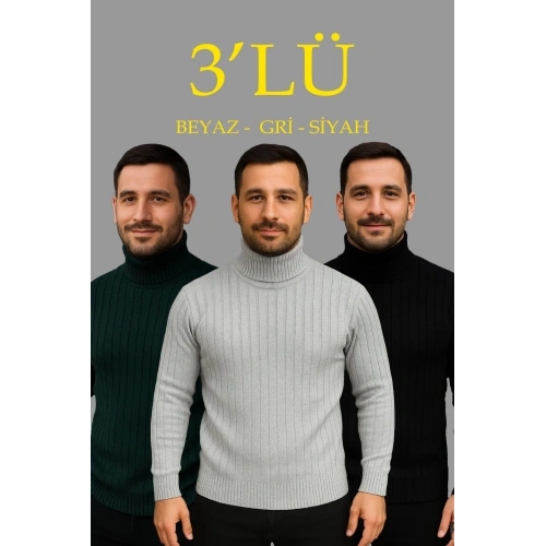 Erkek Fitilli Triko Kazak 3lÜ Set Gri Haki Siyah Regular Balıkcı Yaka Tam Boğazlı Triko Seti Modeli Kazak