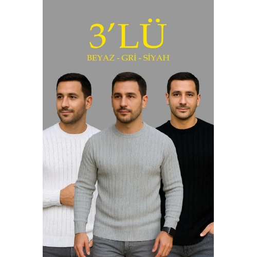 Erkek Fitilli Triko Kazak 3’lü Set – Beyaz, Gri, Siyah | Kalın Dokuma Pamuklu Regular Fit Bisiklet Yaka Uzun Kollu Kışlık ve Baharlık Rahat Triko Kombini
