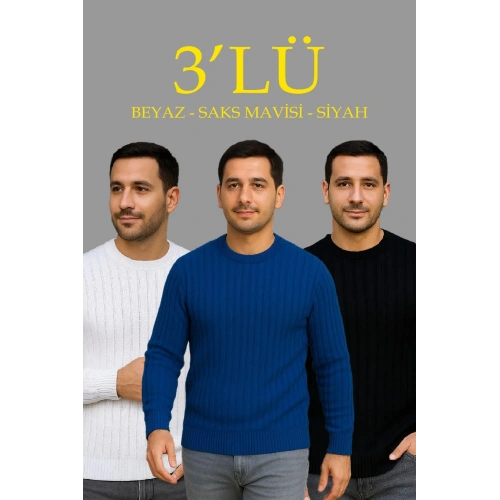 Erkek Fitilli Triko Kazak 3’lü Set – Beyaz, Saks Mavisi, Siyah | Kalın Dokuma Pamuklu Regular Fit Bisiklet Yaka Uzun Kollu Kışlık ve Baharlık Rahat Triko Kombini