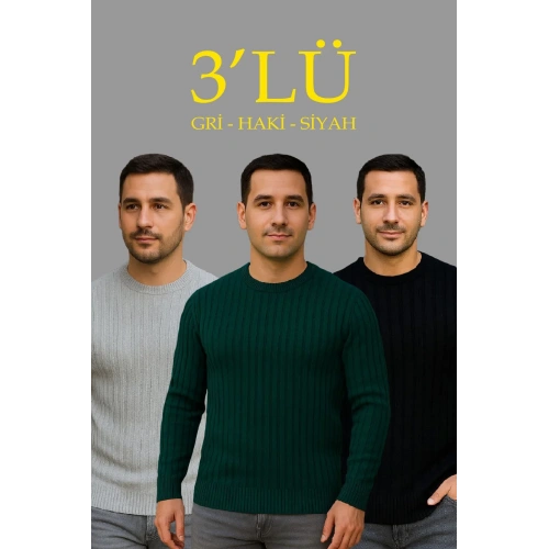 Erkek Fitilli Triko Kazak 3’lü Set – Gri, Haki, Siyah | Kalın Dokuma Pamuklu Regular Fit Bisiklet Yaka Uzun Kollu Kışlık ve Baharlık Rahat Triko Kombini