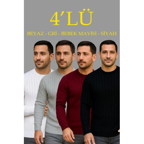 Erkek Fitilli Triko Kazak 4’lü Set – Beyaz, Bordo, Gri, Siyah | Kalın Dokuma Pamuklu Regular Fit Bisiklet Yaka Uzun Kollu Kışlık ve Baharlık Rahat Triko Kombini