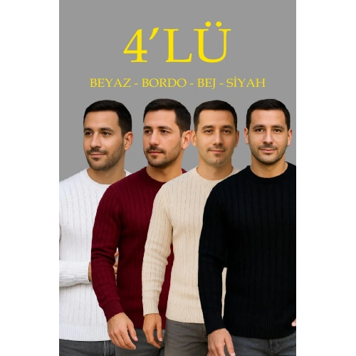 Erkek Fitilli Triko Kazak 4’lü Set – Beyaz, Bordo, Gri, Siyah | Kalın Dokuma Pamuklu Regular Fit Bisiklet Yaka Uzun Kollu Kışlık ve Baharlık Rahat Triko Kombini
