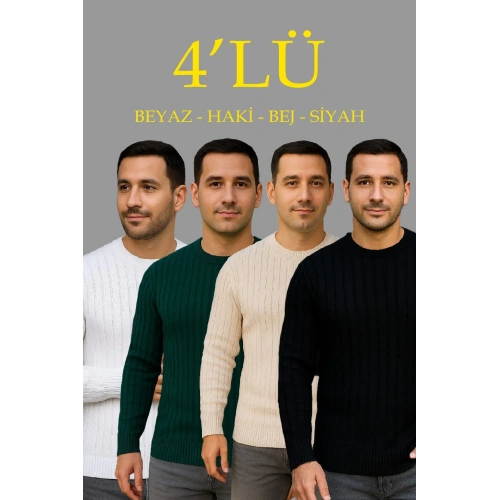 Erkek Fitilli Triko Kazak 4’lü Set – Beyaz, haki, bej, Siyah | Kalın Dokuma Pamuklu Regular Fit Bisiklet Yaka Uzun Kollu Kışlık ve Baharlık Rahat Triko Kombini