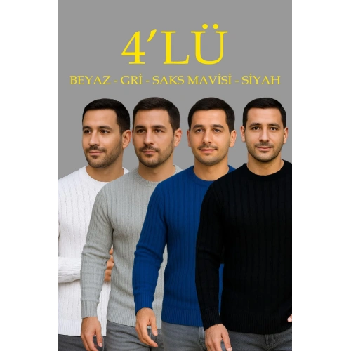Erkek Fitilli Triko Kazak 4’lü Set – Beyaz, Saks Mavisi, Gri, Siyah | Kalın Dokuma Pamuklu Regular Fit Bisiklet Yaka Uzun Kollu Kışlık ve Baharlık Rahat Triko Kombini