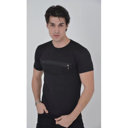 Erkek Göğüste Fermuar Aksesuarlı Dar Kalıp T-Shirt - Siyah