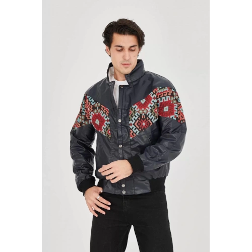 Erkek İçi Astarlı İçten Yaka Kısmı Peluşlu Suni Kumaş Vintage Ceket - Lacivert