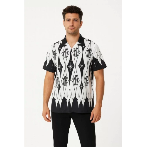 Erkek İki İplik Kumaş Dijital Baskılı Gömlek - Siyah