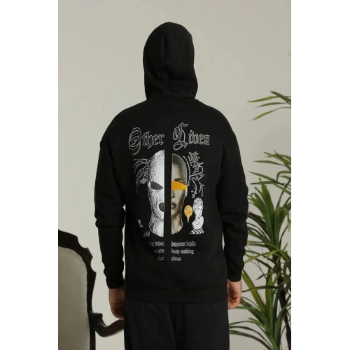 Erkek Kapşonlu Sweatshirt – Oversize Üç İplik Şardonlu Hoodie, “Other Lives” Ön & Arka Baskılı, Kanguru Cepli, Kışlık Rahat Günlük Stil - Siyah