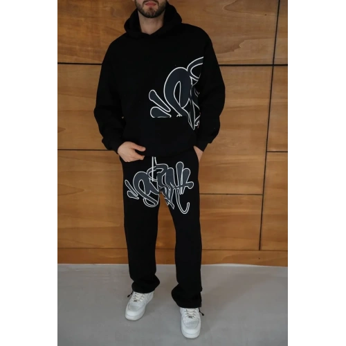 Erkek Kapüşonlu Eşofman Takım Graffiti Baskılı Oversize Rahat Kalıp, Kanguru Cepli, Streetwear Tarzında Premium Ürün 3 iplik Pamuklu - Siyah
