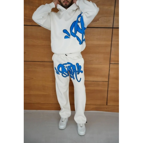 Erkek Kapüşonlu Eşofman Takım Graffiti Baskılı  Oversize Rahat Kalıp, Kanguru Cepli, Streetwear Tarzında Premium Ürün 3 iplik Pamuklu - Beyaz