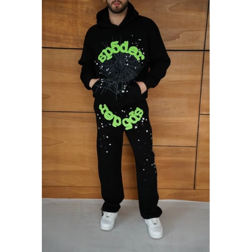 Erkek Kapüşonlu Eşofman Takım Örümcek Ağı ve Neon Yeşil Baskılı Kanguru cepli Oversize Rahat Kalıp, Premium Üç İplik Kumaş - Siyah