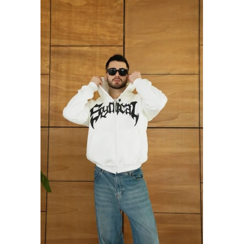 Erkek Kapüşonlu 3 İplik Şardonlu Önü Baskılı Fermuarlı Oversize Sweatshirt - Beyaz