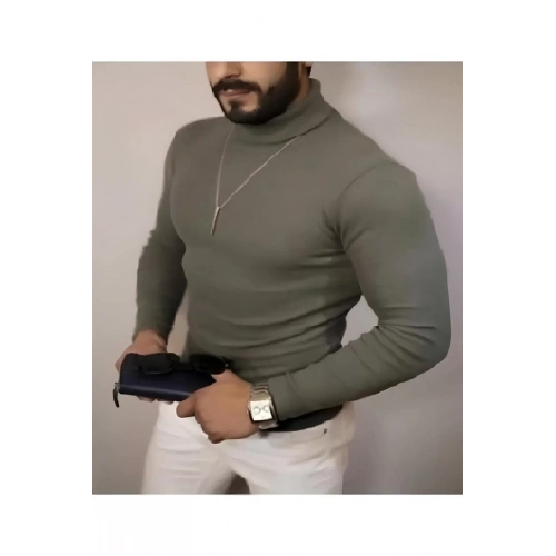 Erkek Kaşkorse Boğazlı Full Likralı Fitilli Body Kazak - Haki
