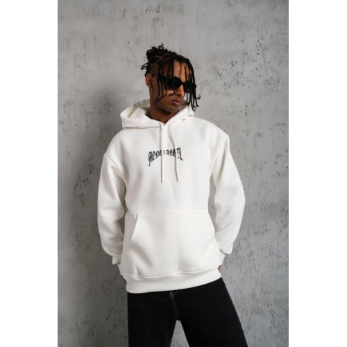 Erkek Kordon İpli Baskılı Kapüşonlu Sweatshirt - Beyaz