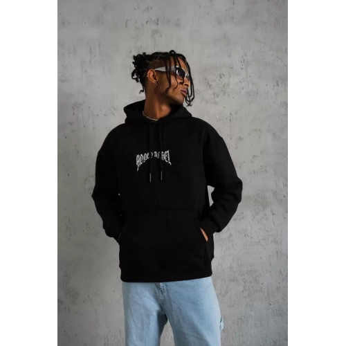 Erkek Kordon İpli Baskılı Kapüşonlu Sweatshirt - Siyah