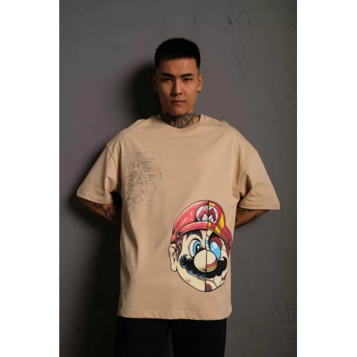 Erkek Mario Baskılı Oversize T-Shirt - Bej
