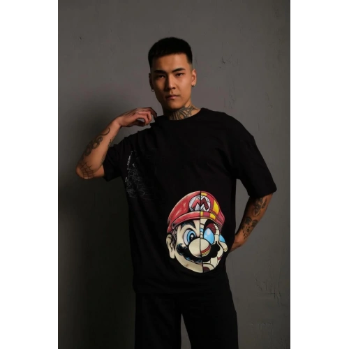 Erkek Mario Baskılı Oversize T-Shirt - Siyah