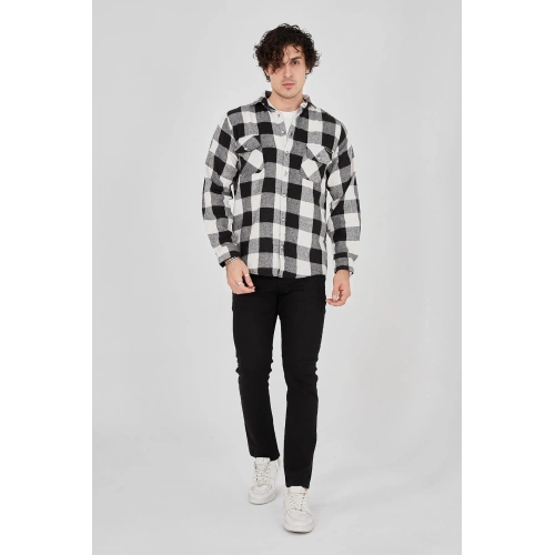 Erkek Oduncu Gömlek – Uzun Kollu, Şardonlu Kumaş, Kareli Desen, Regular Fit, Manşetli, Çift Cepli, Rahat Günlük Bahar & Kış Stil - Siyah