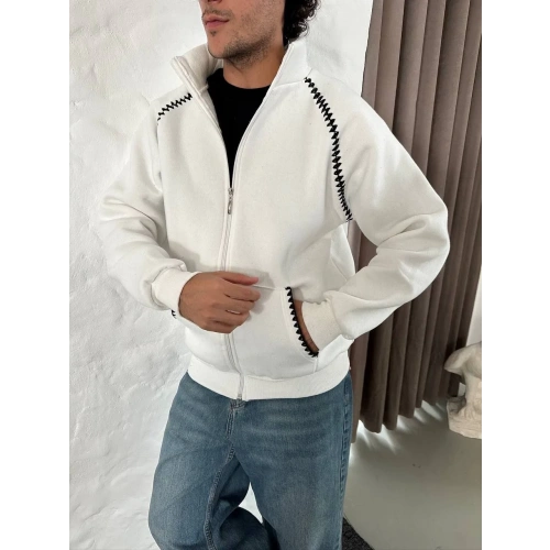 Erkek Oversize Dik Yaka Fermuarlı Sweatshirt - Zincir Nakışli Kanguru Cepli - Beyaz