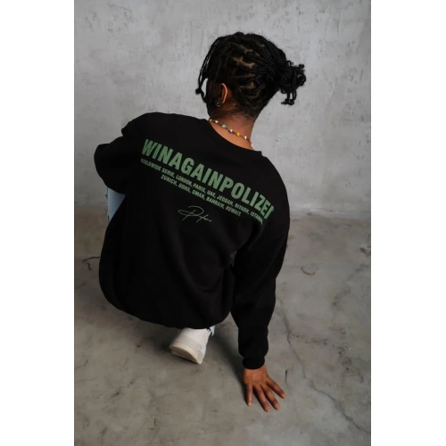Erkek Oversize Sweatshirt – Siyah Renk | Ön ve Sırt Baskılı, Üç İplik İçi Pamuklu Kumaş, Rahat Kalıp, Ribanalı Kışlık Sweat | Winagain Polizei Serisi - Siyah
